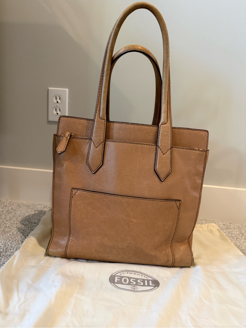 Fossil Cognac Leather Tote with Front Pocket